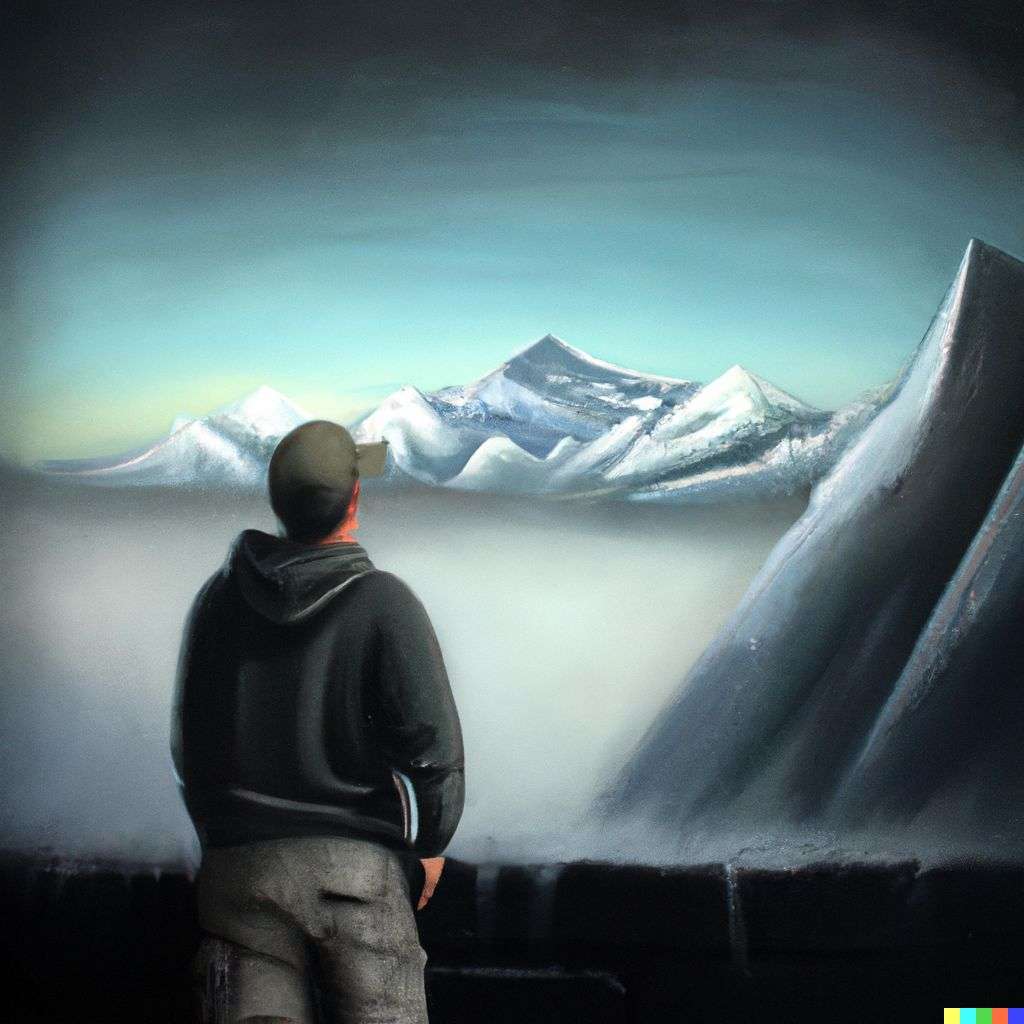 someone gazing at Mount Everest, spray paint art